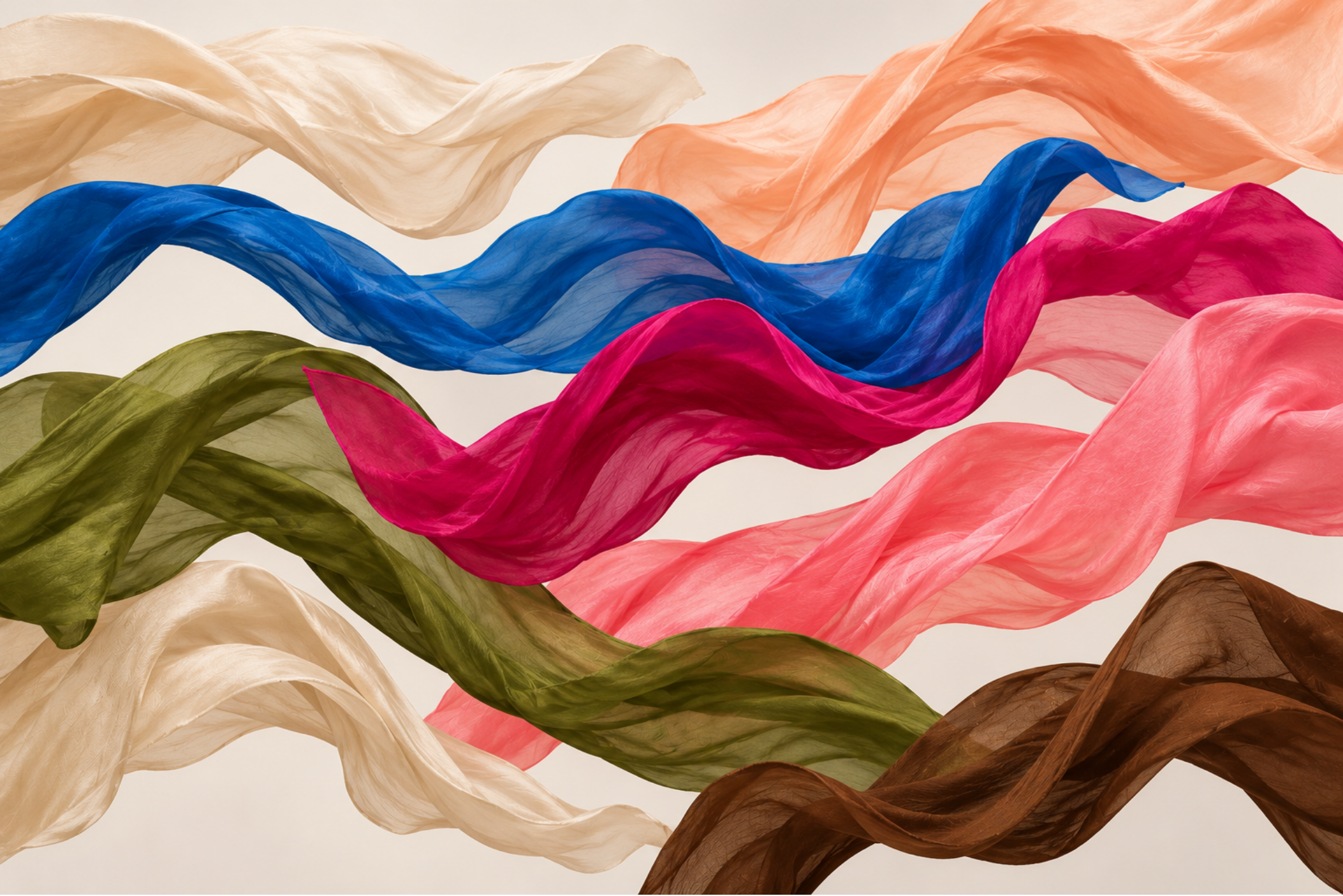 Flowing silk ribbons in the Healthy Fabric Library brand colors